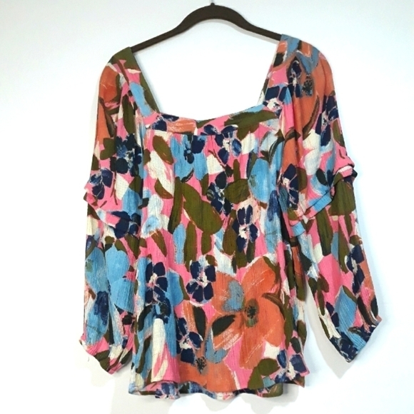 Zac & Rachel Floral Multicolor Long-Sleeve  Square Neck Top Blouse Small - Picture 9 of 12